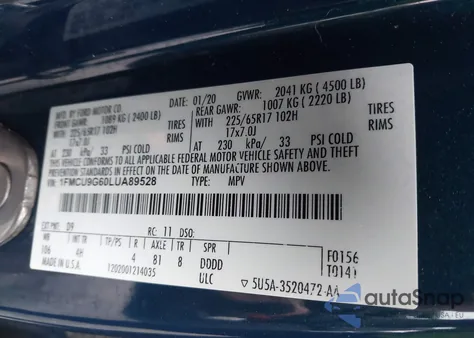 2020 Ford Escape Se from USA, damaged, VIN 1FMCU9G60LUA89528